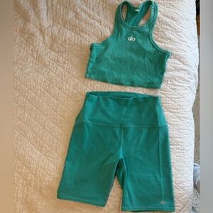 ALO Yoga Green Sports Bra and Shorts Set